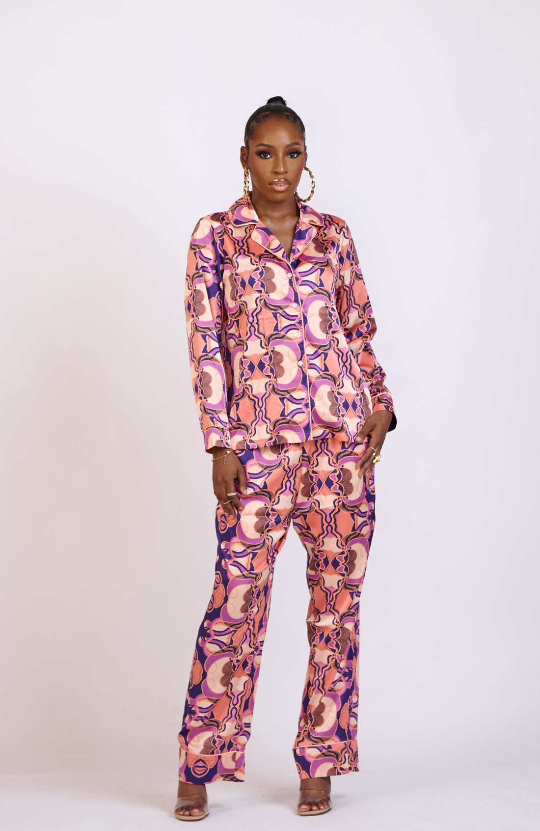 ỌLỌLA PURPLE GEOMETRIC SATIN PAJAMAS